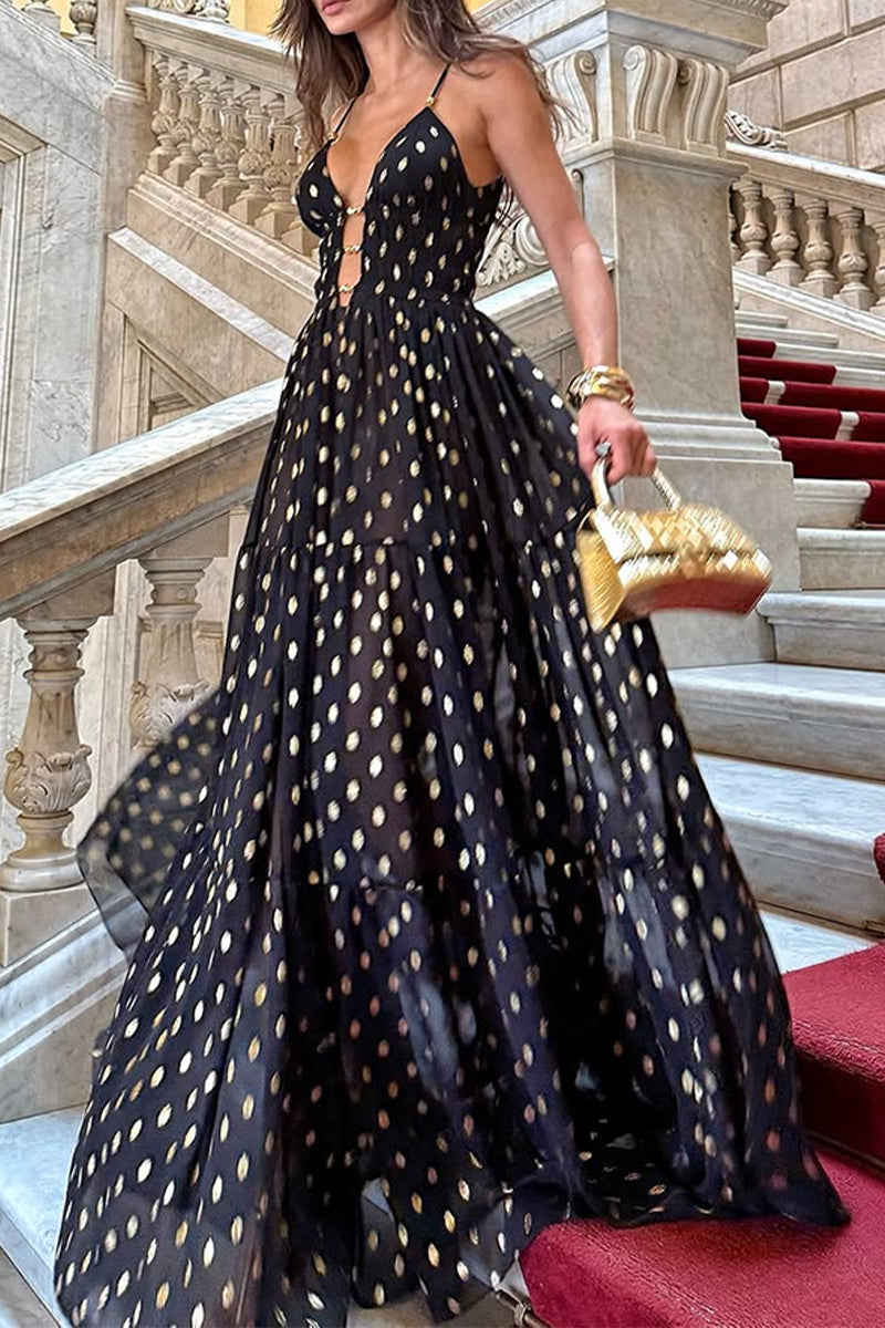 Sexy Polka Dot Contrast V Neck Long Dresses - Fashionpara