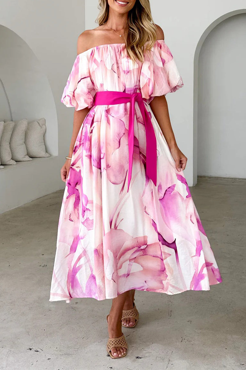 Elegant Floral Print Lace Up Off Shoulder A Line Dresses