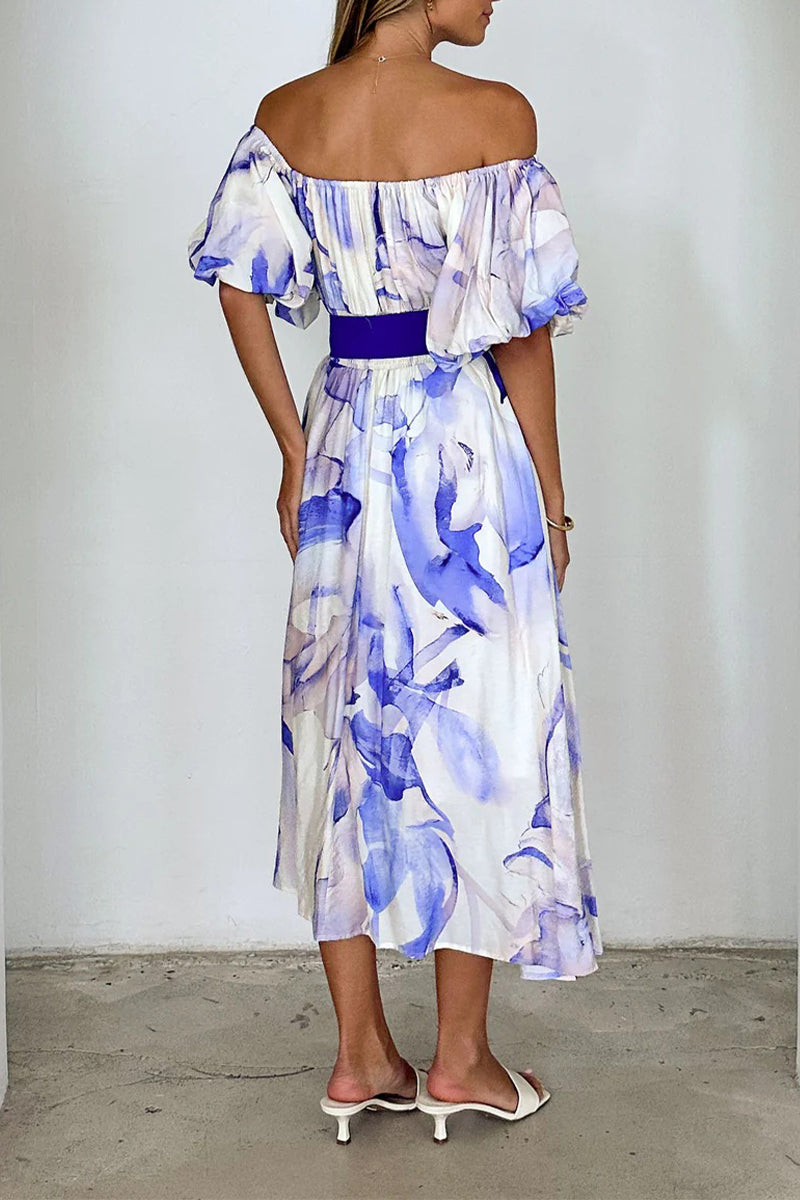 Elegant Floral Print Lace Up Off Shoulder A Line Dresses