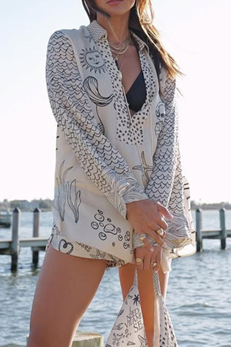 Casual Graffiti Print Tassel Contrast V Neck Long Sleeve Two Pieces