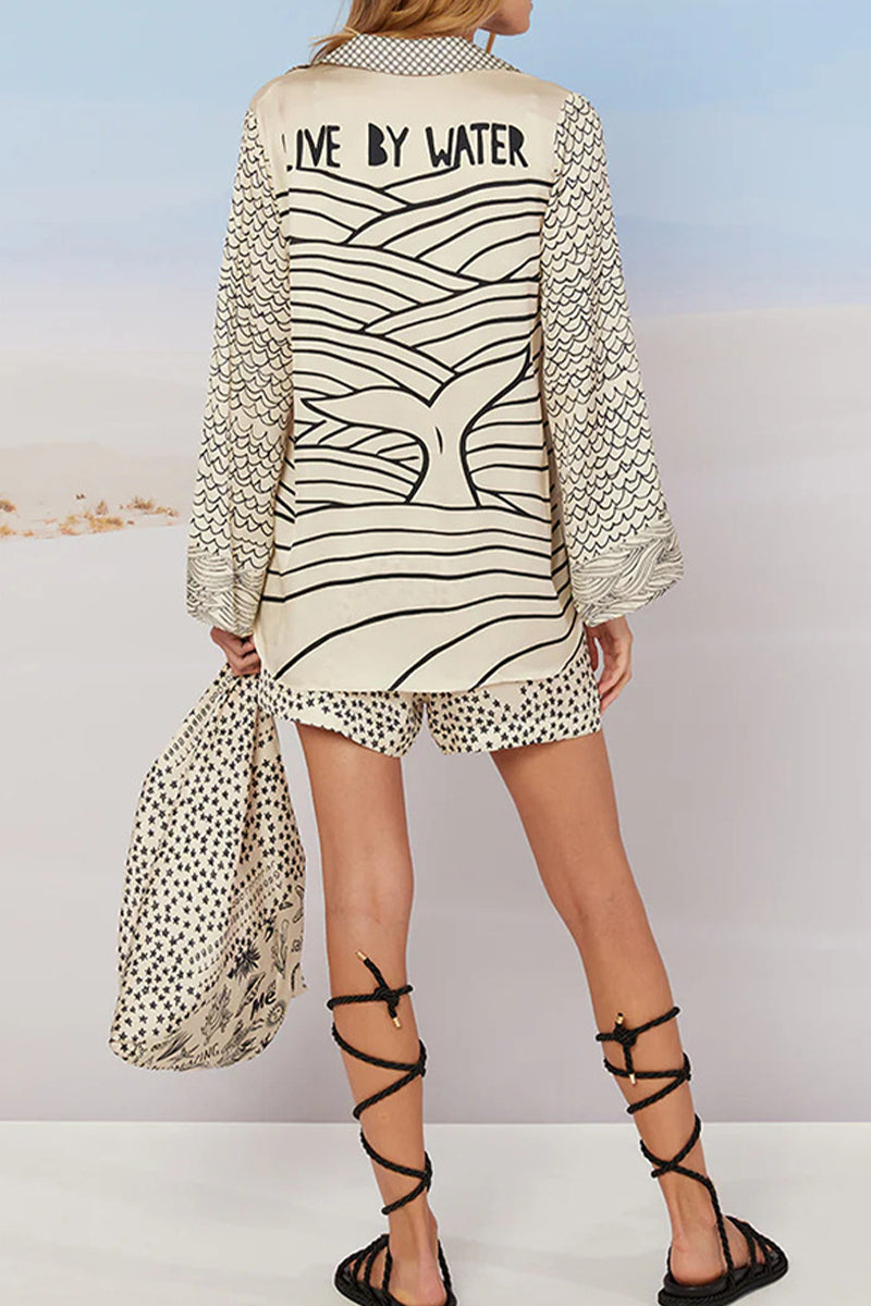 Casual Graffiti Print Tassel Contrast V Neck Long Sleeve Two Pieces