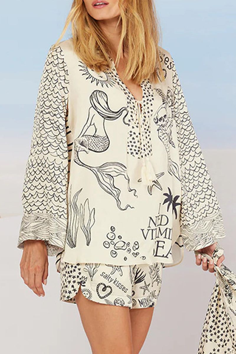 Casual Graffiti Print Tassel Contrast V Neck Long Sleeve Two Pieces