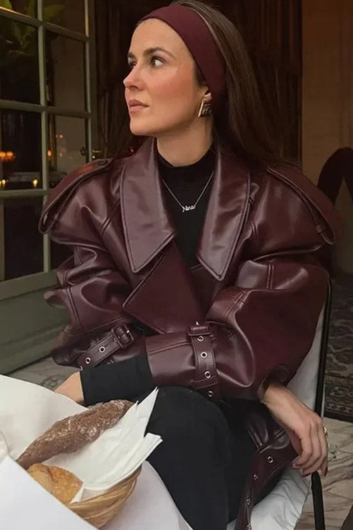 Retro Notch Lapel Vegan Leather Coat - Fashionpara