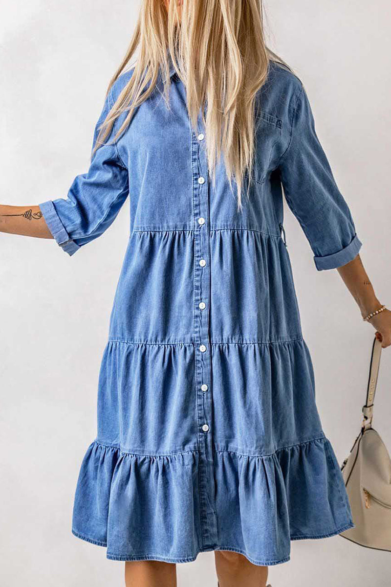 Casual Street Solid Patchwork Turndown Collar Nine Points Sleeve Loose Denim Dresses - Fashionpara
