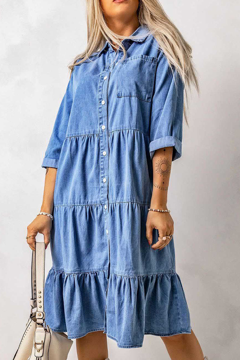 Casual Street Solid Patchwork Turndown Collar Nine Points Sleeve Loose Denim Dresses - Fashionpara