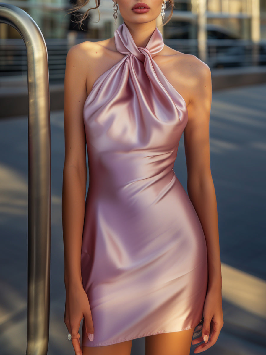 Blush Satin Twist Halter Cocktail Dress