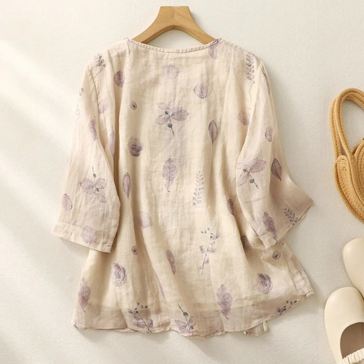 Floral Round Neck Button Placket Blouse 3