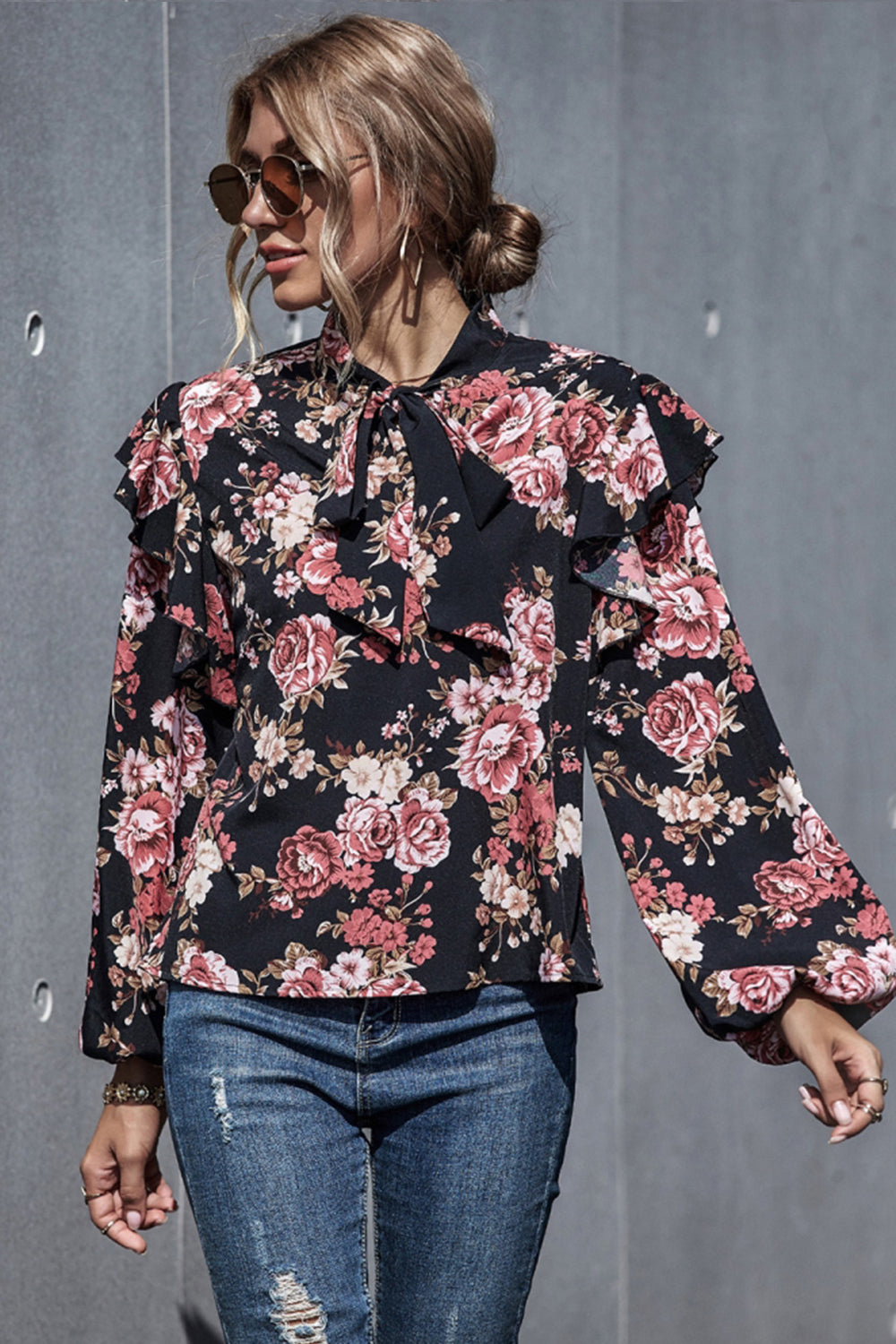 Printed Puff Sleeve Bow Shirt