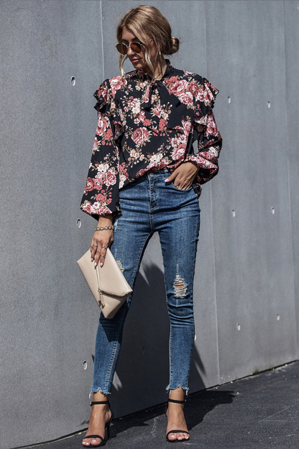 Printed Puff Sleeve Bow Shirt
