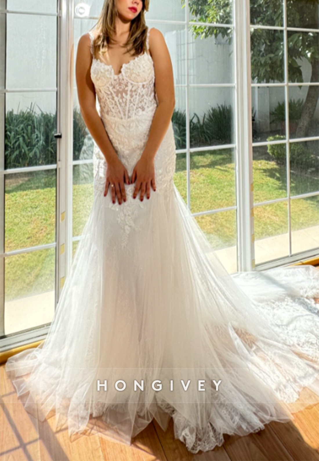 Lace Chapel Train Trumpet Regular Straps Low Back Wedding Dresses