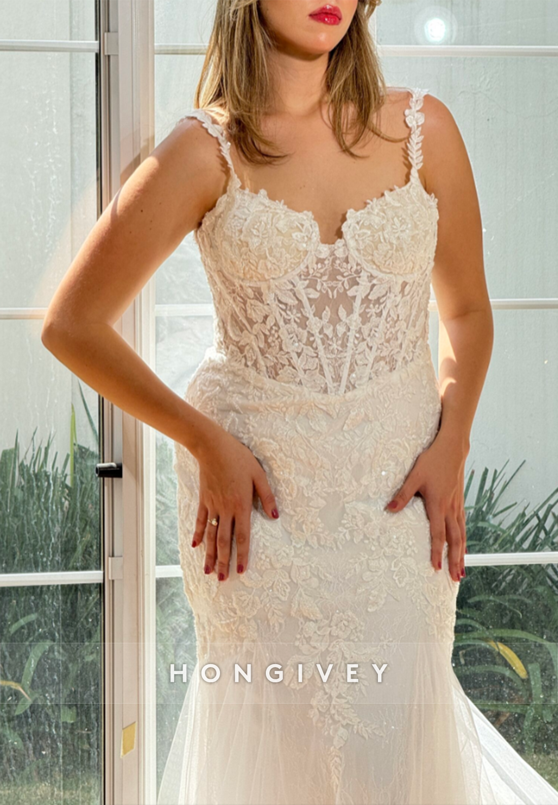 Lace Chapel Train Trumpet Regular Straps Low Back Wedding Dresses