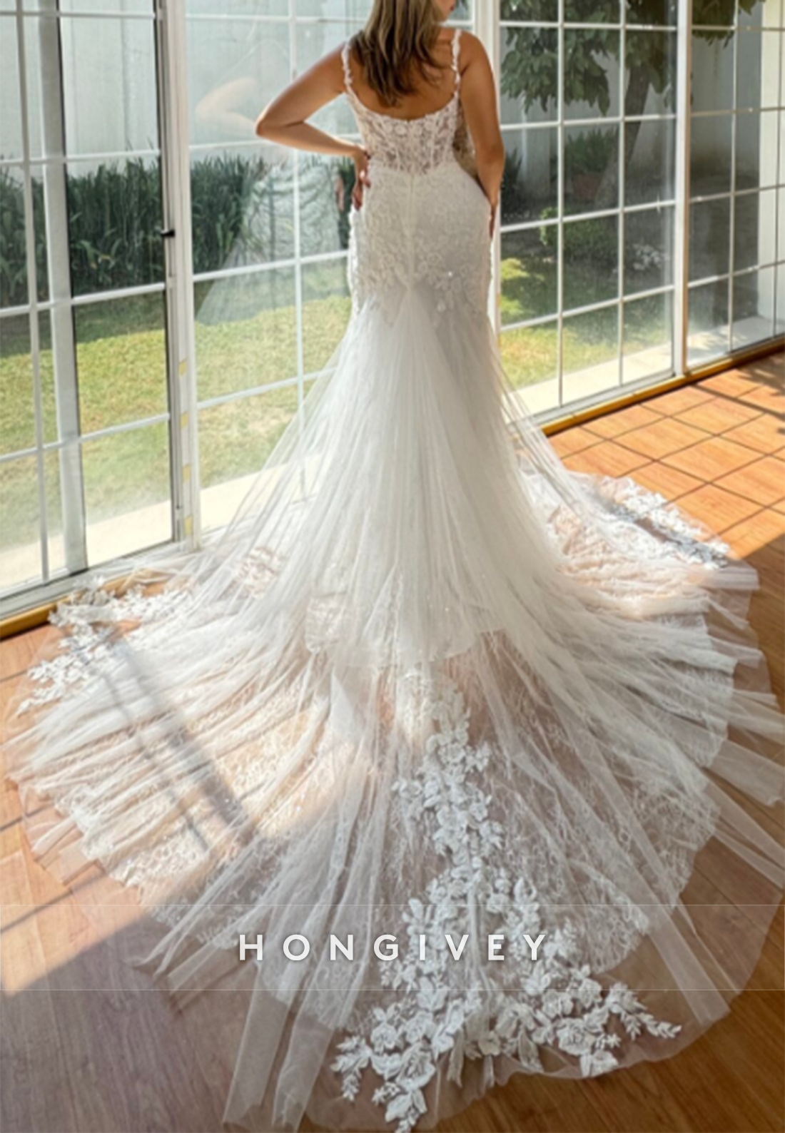 Lace Chapel Train Trumpet Regular Straps Low Back Wedding Dresses