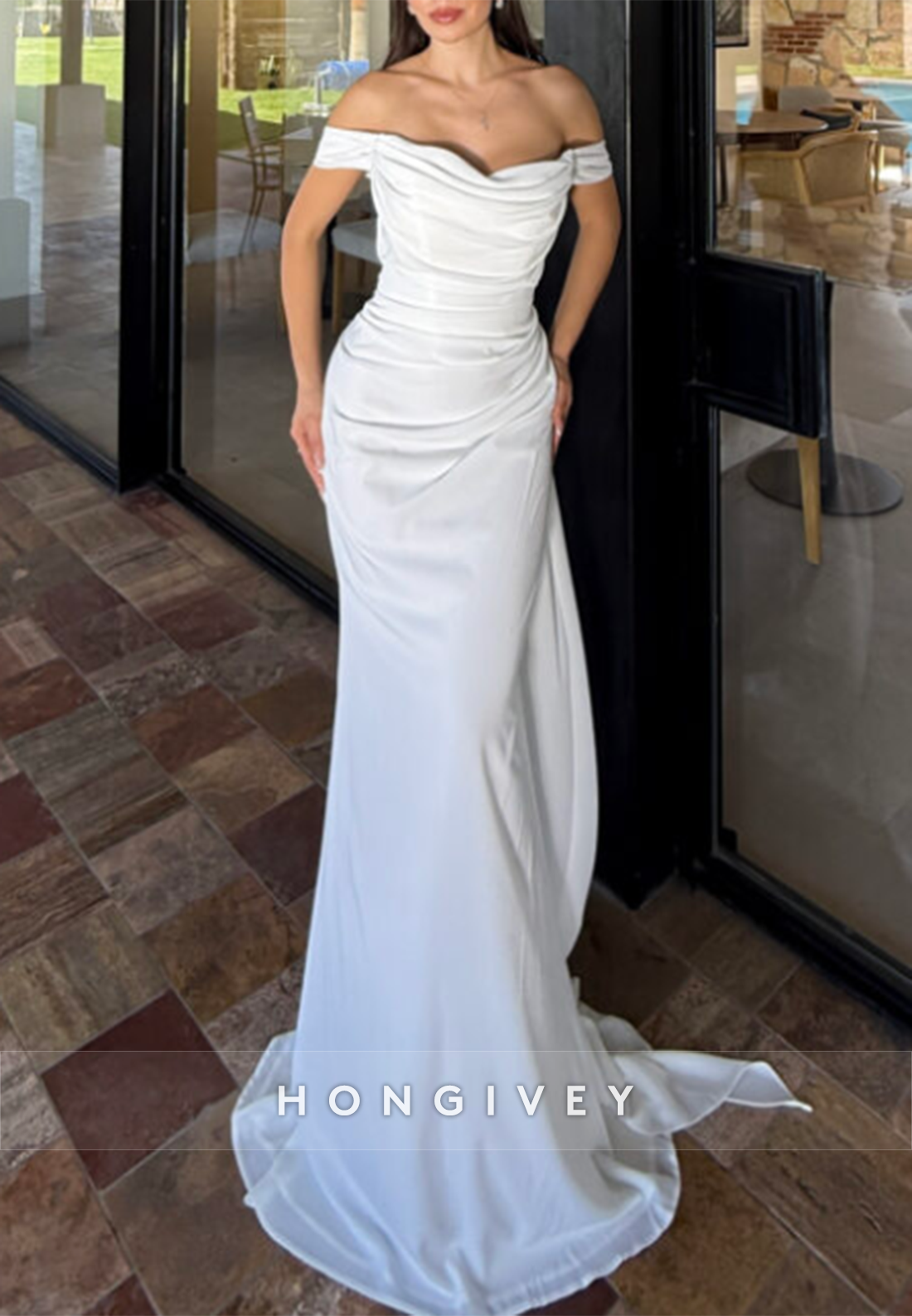 Sweep Train Pleated Low Back Off the Shoulder Trumpet Wedding Dresses