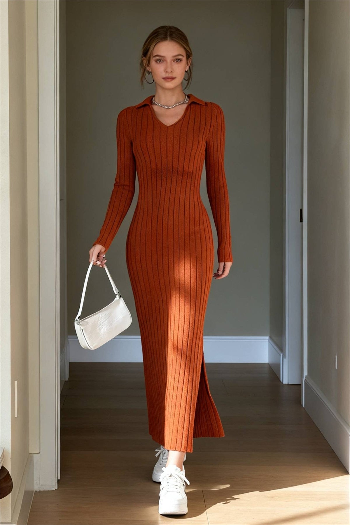 Ribbed Knit Collared Long Sleeve Side Slit Bodycon Maxi Dress