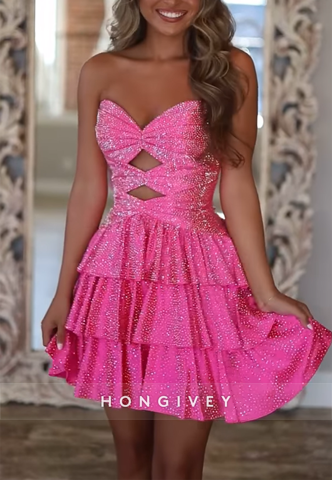Crisscross Back Sweetheart Glitter Ruched Strapless Short Homecoming Dresses