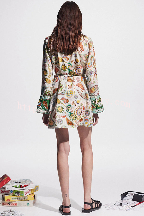 Mila Linen Blend Unique Print Shaped Collar Tie-up Waist Shirt Mini Dress - Fashionpara