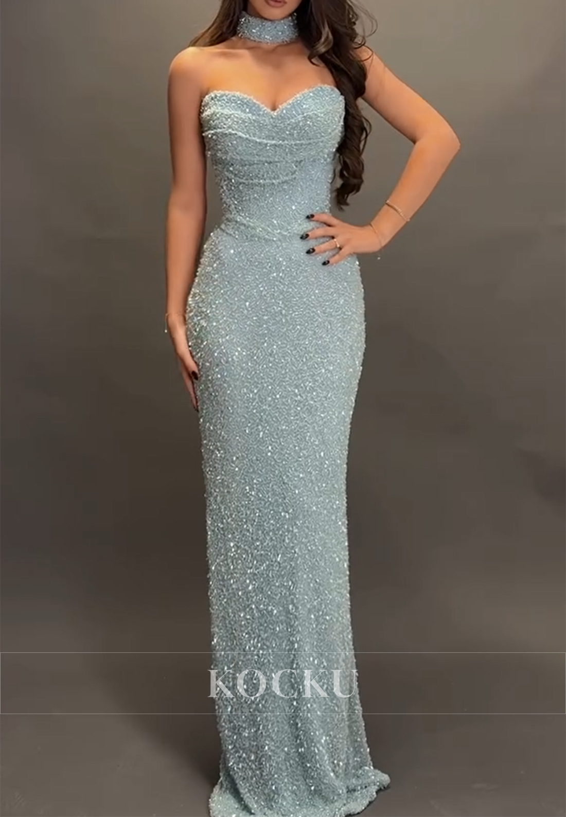 Strapless Sweetheart Sequins Floor-Length Pleated Mermaid Prom Dresses