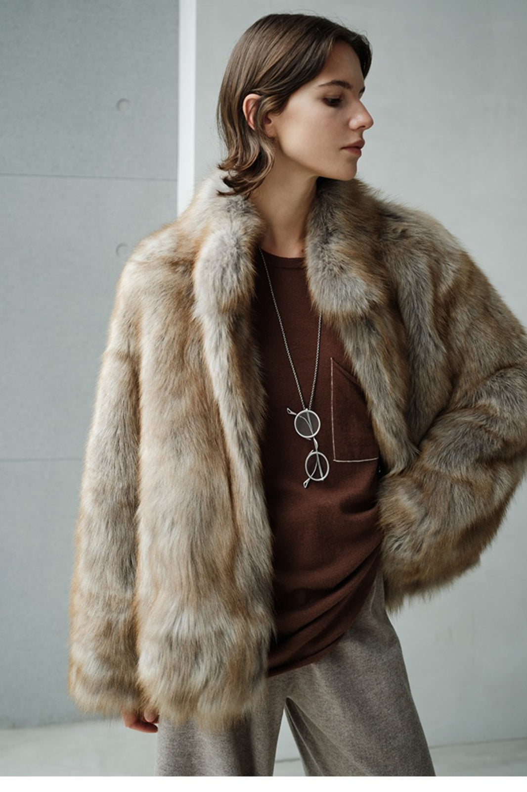 Minimalist Mid-Length Faux Fur Stand Collar Coat