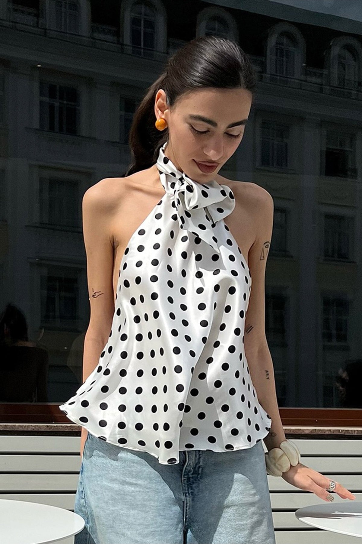 Polka Dot Satin Bow Tie Backless Cami Crop Top - Fashionpara