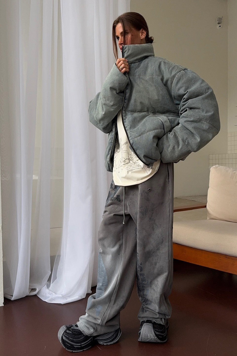 Washed Denim Stand Collar Puffer Jacket
