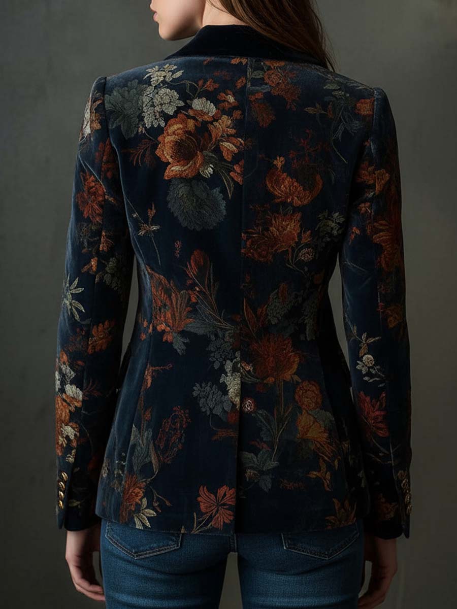 Floral Print Velvet Single Button Blazer 4