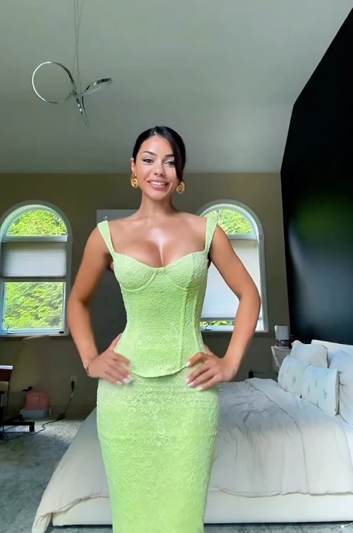 Stunning Two Piece Sheath Straps Green Lace Prom Dress Evening Dress - Fashionpara