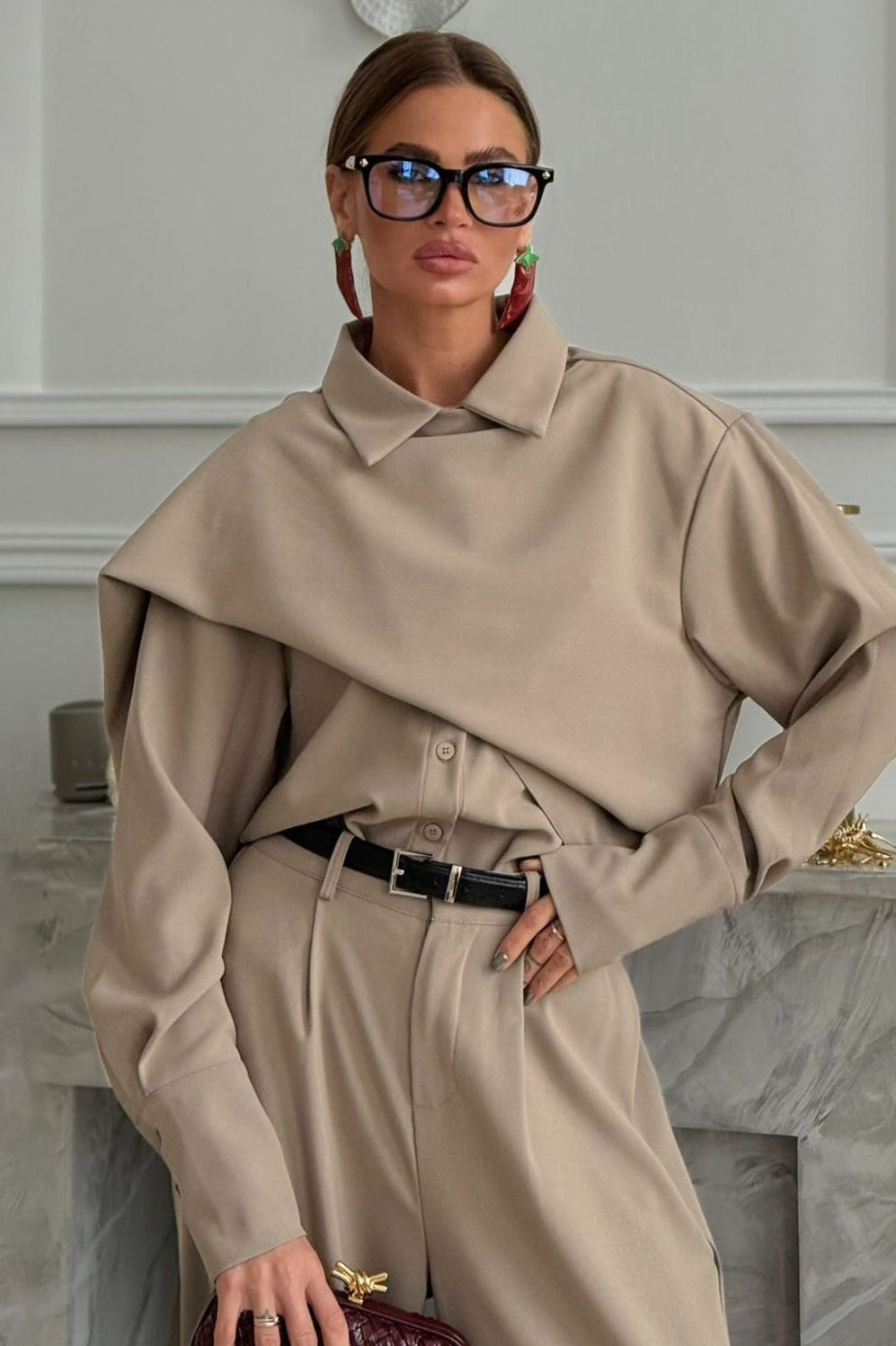 Vintage Chic Lapel Scarf Top & Wide Leg Pants Two Piece Set