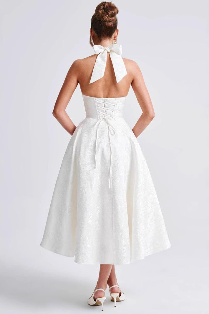Halter Deep V-Neck Corset Jacquard Fit and Flare Midi Dress - View 4