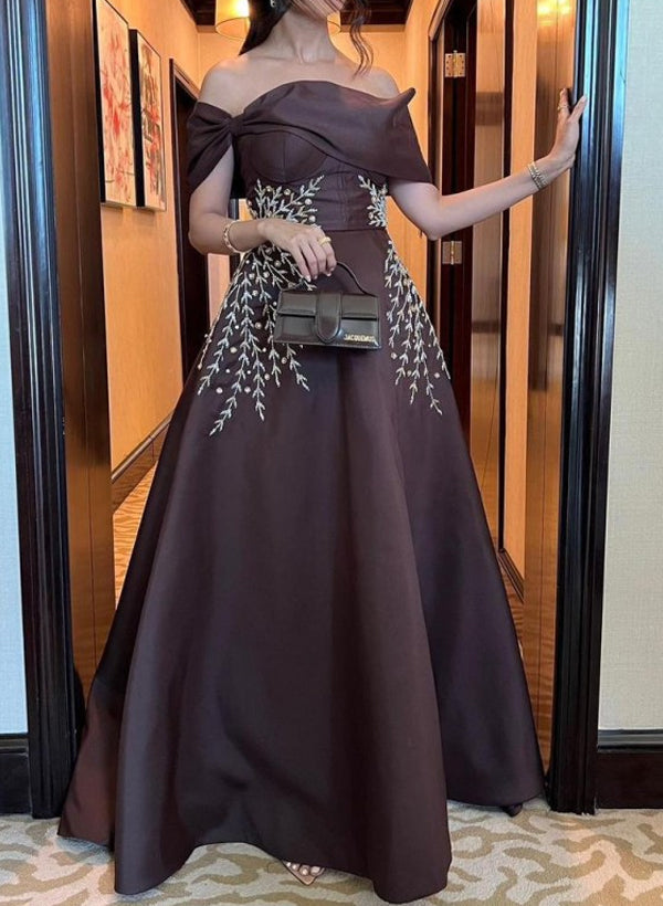 A-Line Off-The-Shoulder Sleeveless Satin Evening Dresses With Sequins