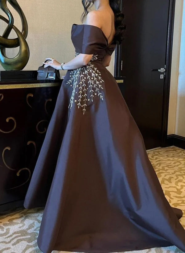 A-Line Off-The-Shoulder Sleeveless Satin Evening Dresses With Sequins