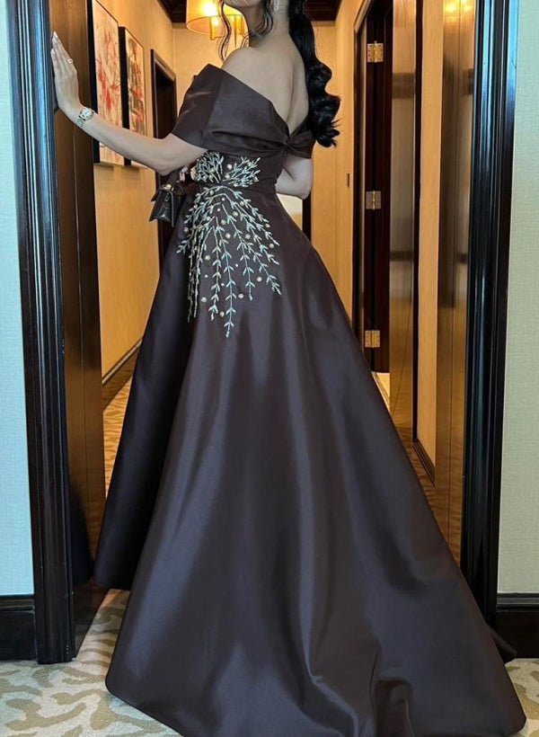 A-Line Off-The-Shoulder Sleeveless Satin Evening Dresses With Sequins