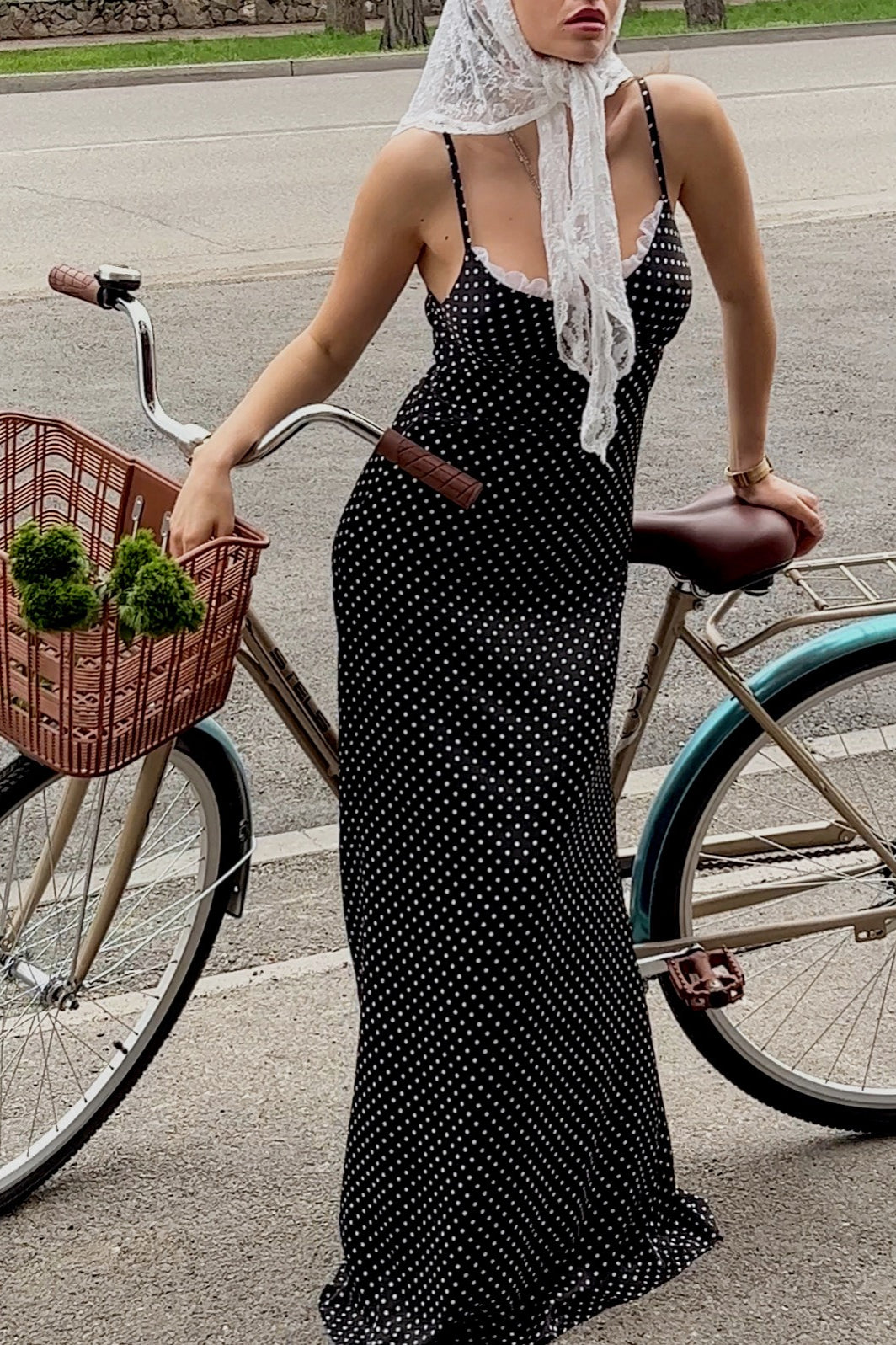 Polka Dot Lace Trim Cami Maxi Dress - Fashionpara