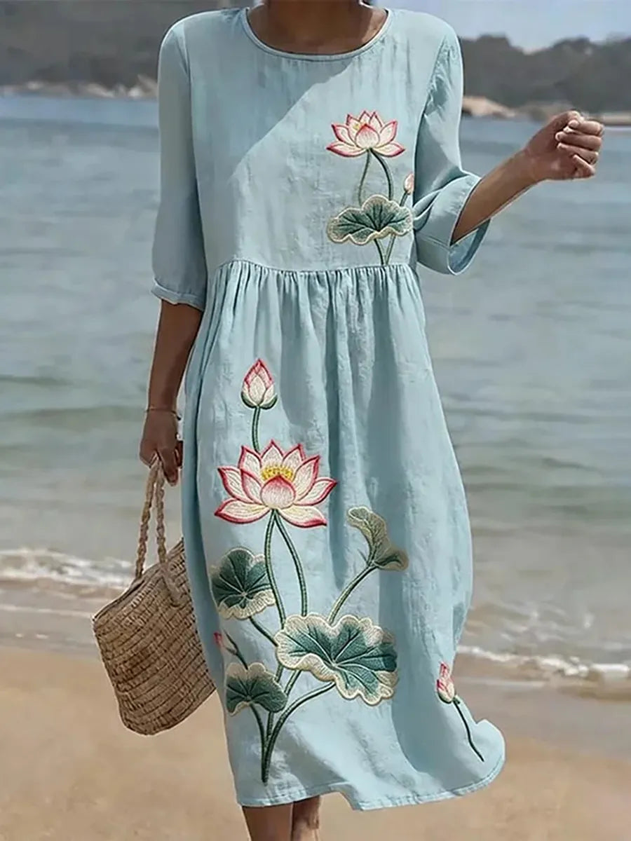 Round Neck Half Sleeve Lotus Embroidered Midi Dress