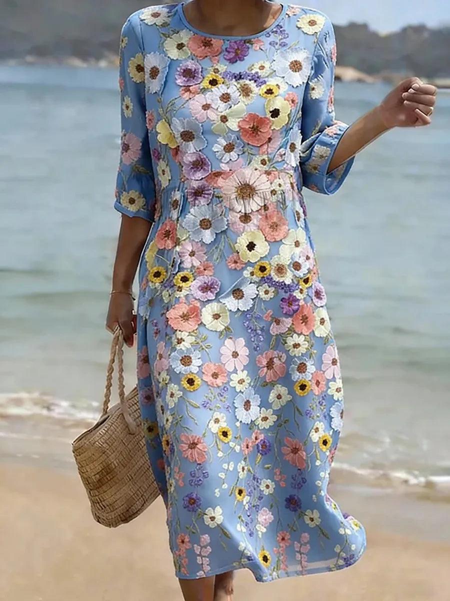 Round Neck Half Sleeve Ditsy Floral Print Midi Dress