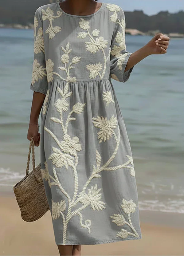 Floral Embroidered Crew Neck Half Sleeve Cotton Midi Dress