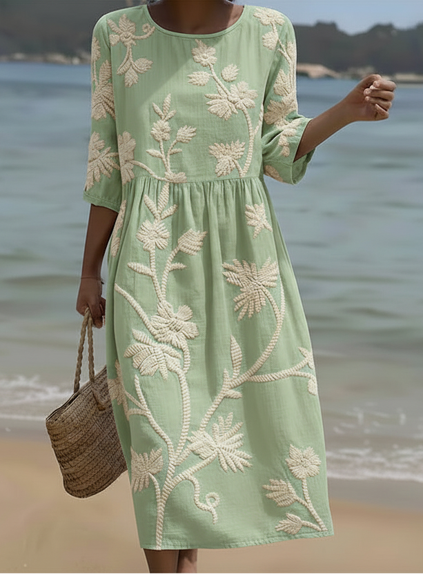 Round Neck Half Sleeve Floral Embroidered Empire Waist Midi Dress