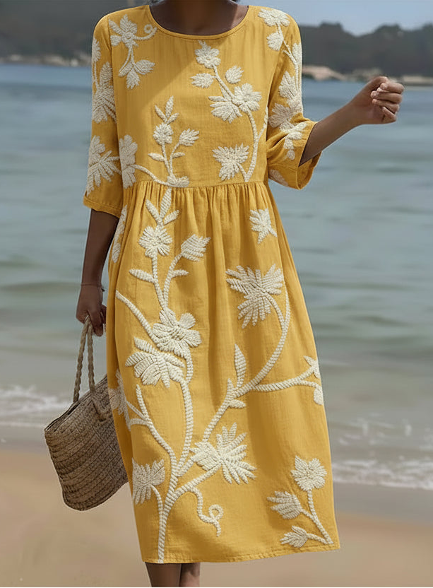 Floral Embroidered Round Neck Half Sleeve Pocket Midi Dress
