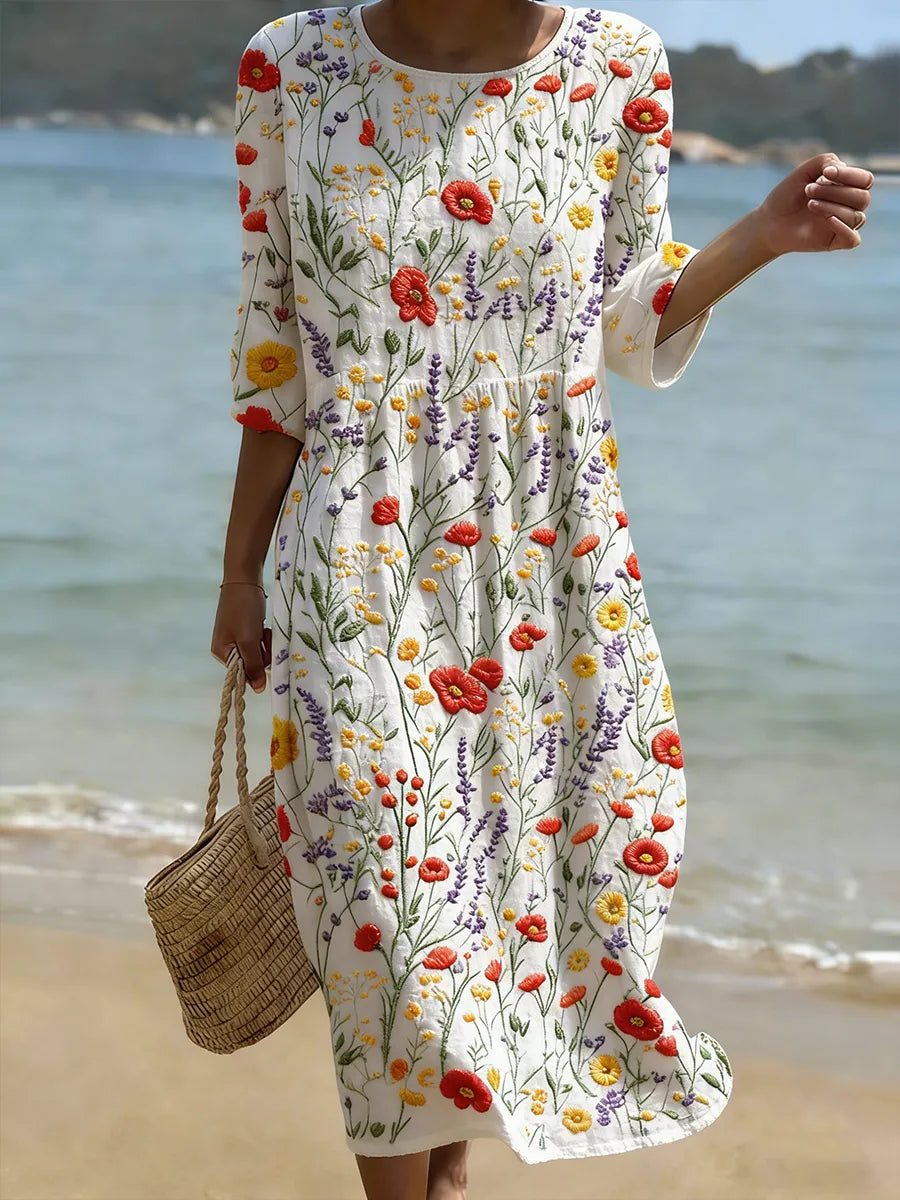 Round Neck Half Sleeve Wildflower Print Midi Dress