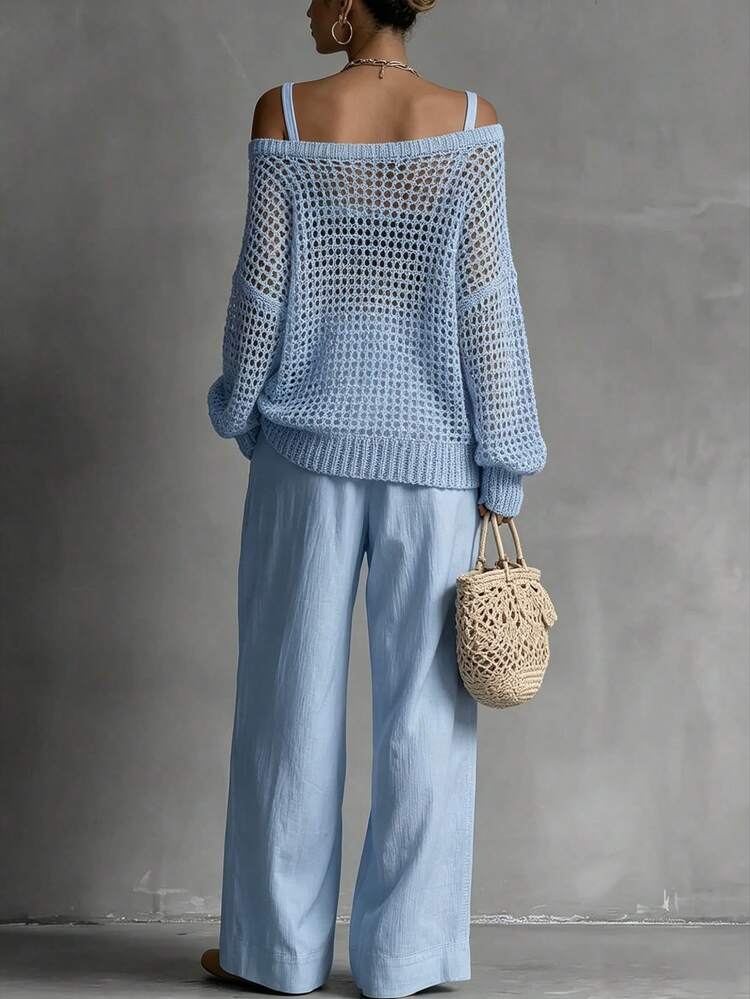 Off Shoulder Crochet Sweater and Wide Leg Pants Two Piece Set 2