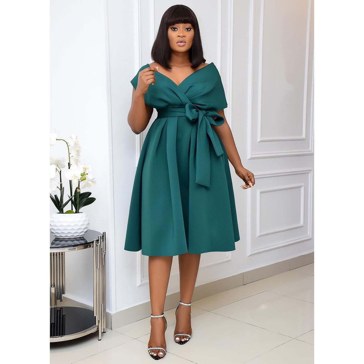 Cap Sleeve Bow Waist Box Pleat Fit and Flare Midi Dress - View 3