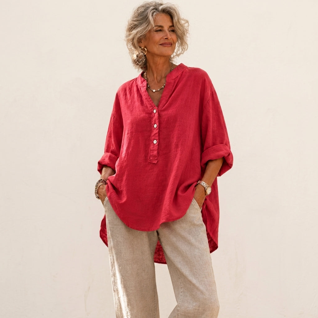 Notch Neck Button Front Long Sleeve Linen Blouse