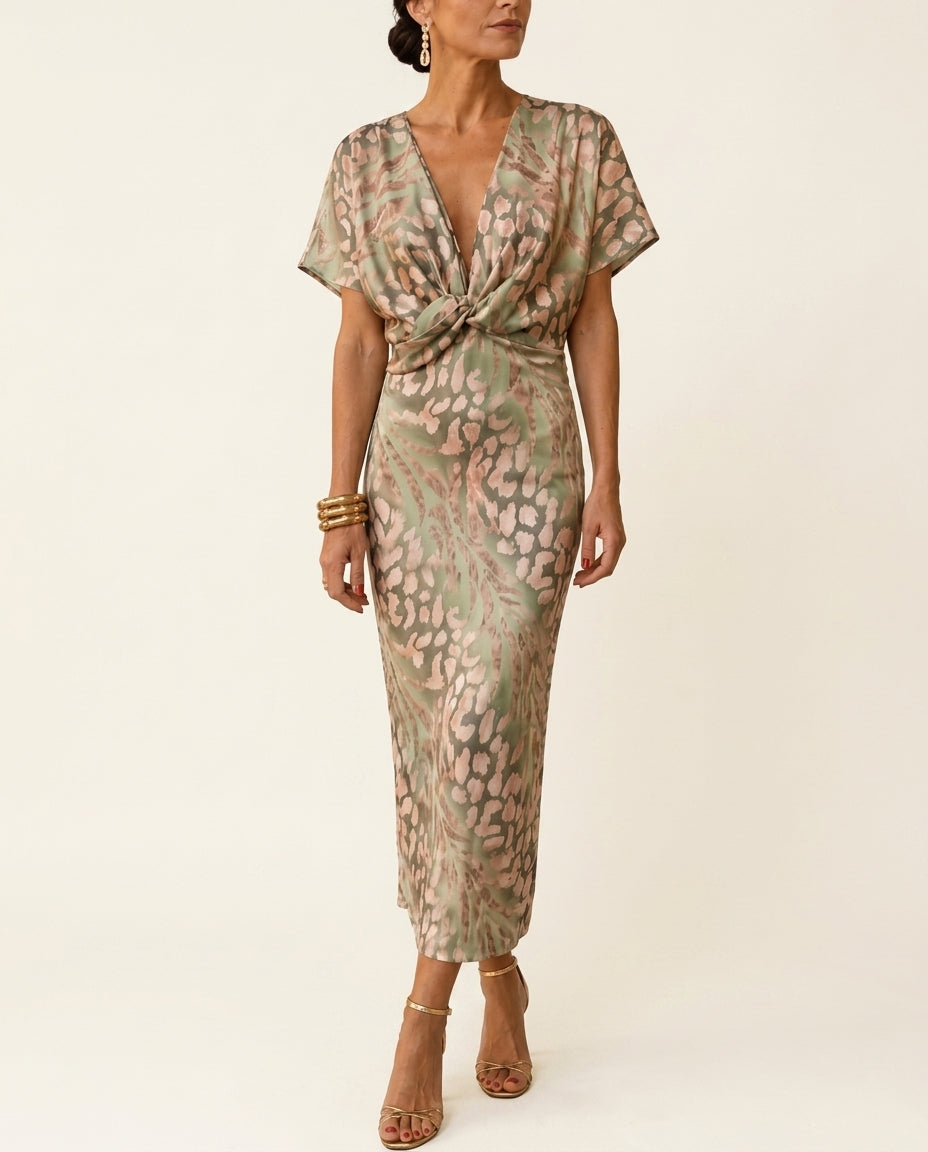 Animal Print Twist Front V-Neck Short Sleeve Midi Dress