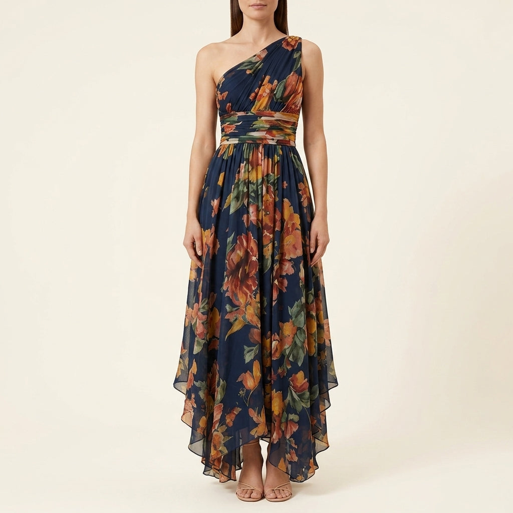 Floral One Shoulder Ruched High Low Maxi Dress