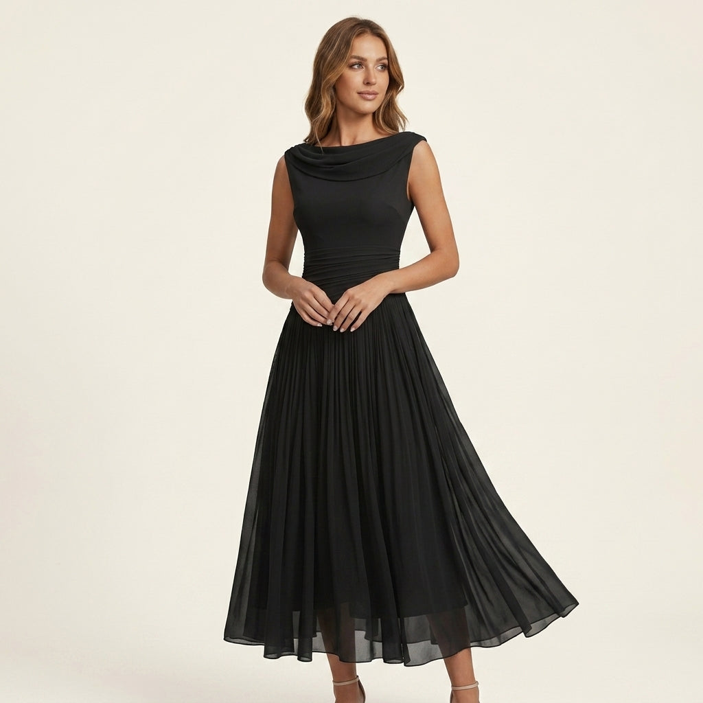 Cowl Neck Sleeveless Pleated A-Line Midi Dress