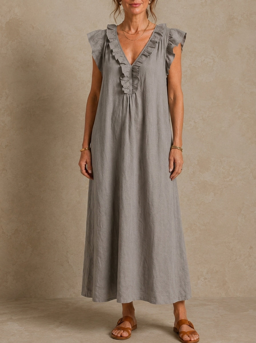 Ruffle V-Neck Sleeveless Linen Look Maxi Dress