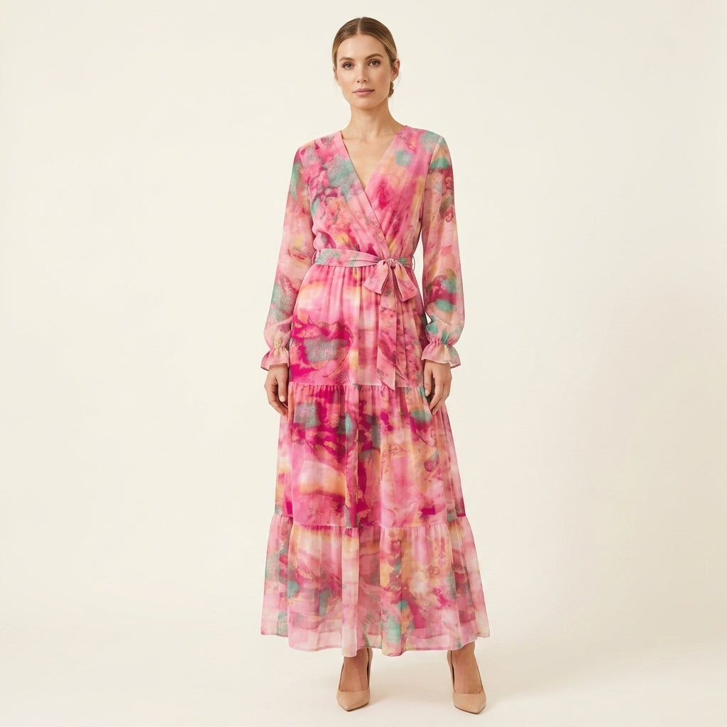 Watercolor Floral Long Sleeve Belted Tiered Wrap Maxi Dress