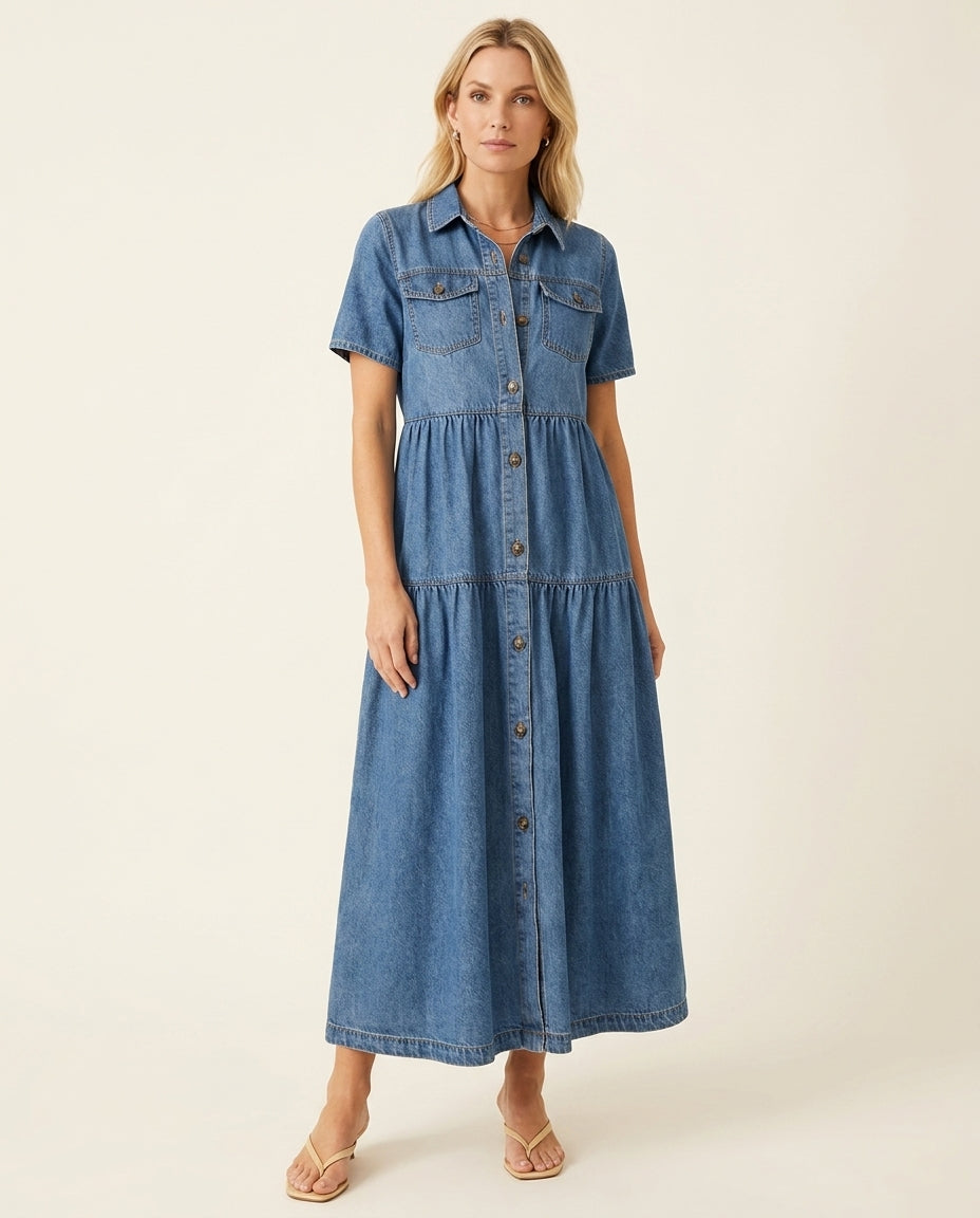 Collared Short Sleeve Button Front Tiered Denim Midi Dress