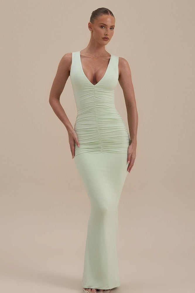 Ruched V-Neck Sleeveless Bodycon Fishtail Maxi Dress