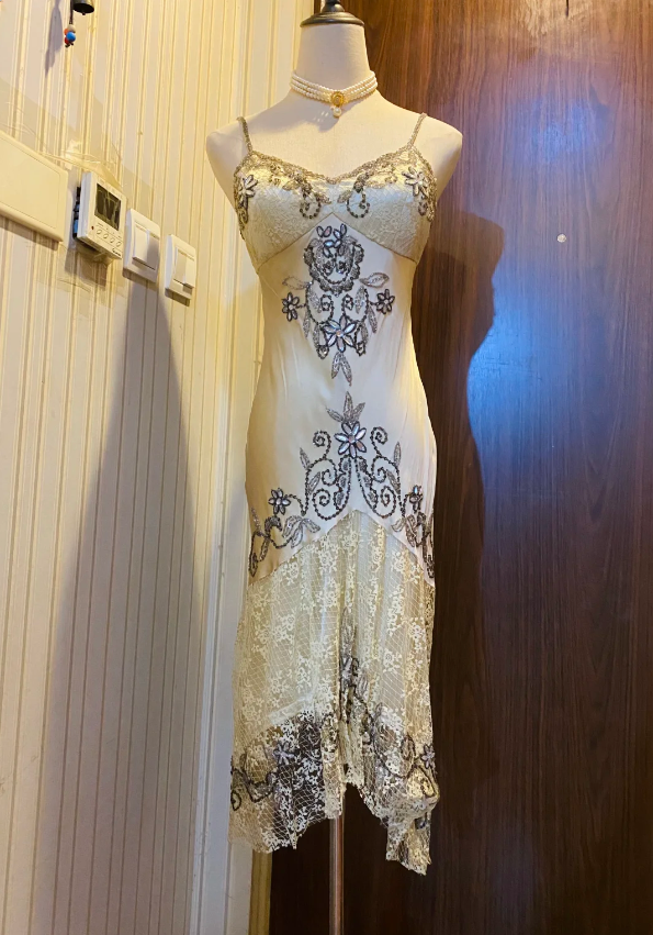 Vintage Beige Gold Irregular Strap Beaded Lace Prom Dress Evening Dress P4179
