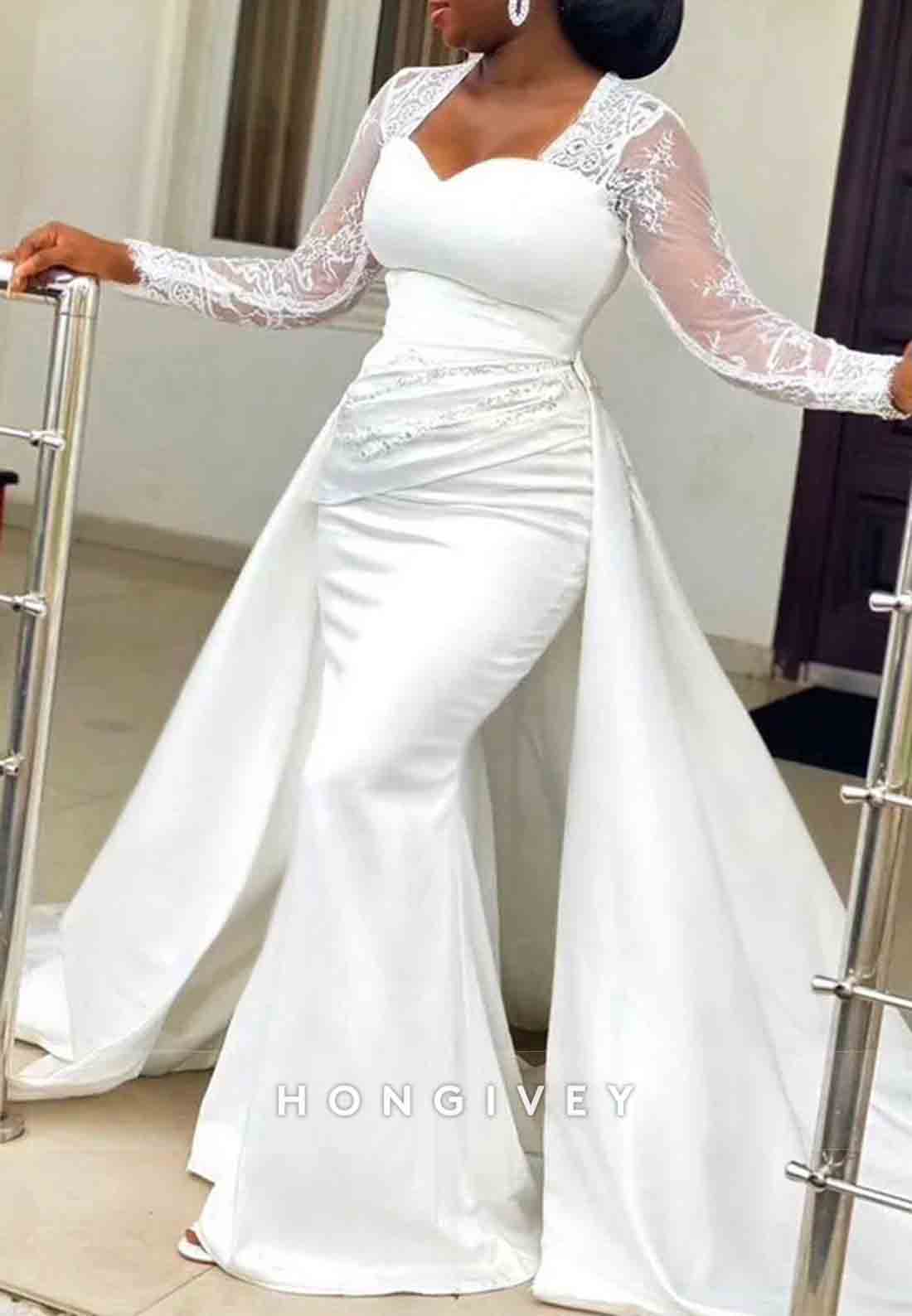 Sweetheart Detachable Floor-Length Lace Long Sleeves Mermaid Wedding Dresses